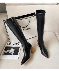 ロングブーツ | ポインテッドトゥレディース チャンキーヒール サイドファスナー バイカラー ミドルヒール 太ヒール 合皮ブーツ ロングブーツ ブーツ 無地