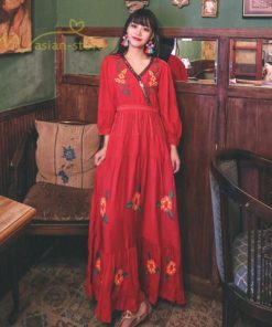 マキシ | ワンピース レディースワンピース 春夏 マキシワンピース ハイウエスト 長袖 二次会 通勤 OL 40代 着痩せ 刺繍 Vネック Aライン カジュアル エスニック 4色