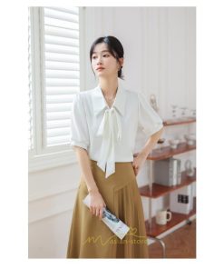 シャツ・ブラウス | シフォンブラウス 半袖 レディース シフォン ブラウス 白 青 フォーマル 開襟 服 バブルスリーブ 蝶結び 着痩せ 春 韓国風 通勤 おしゃれ 女性 上品 夏