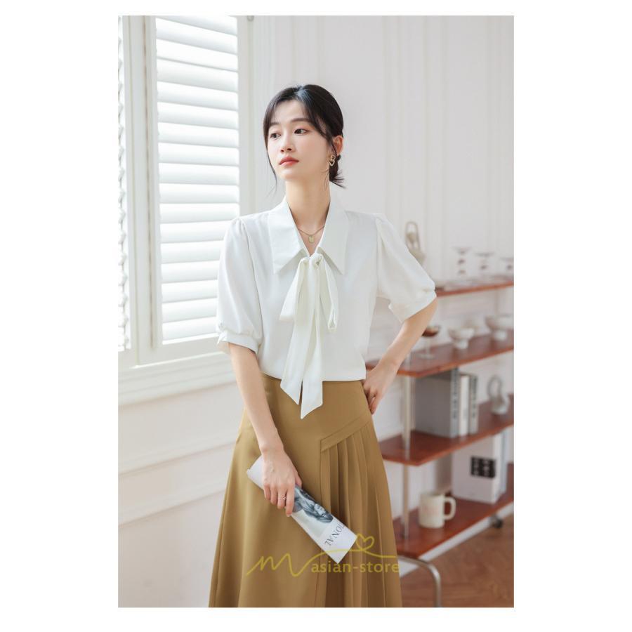 シャツ・ブラウス | シフォンブラウス 半袖 レディース シフォン ブラウス 白 青 フォーマル 開襟 服 バブルスリーブ 蝶結び 着痩せ 春 韓国風 通勤 おしゃれ 女性 上品 夏