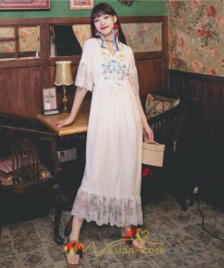 マキシ | ワンピース 七分袖 花と鳥 きれいめ ロング丈 レディース 夏 秋 レトロ 刺繍 レース Vネック エスニック風 リゾート　 イベント カジュアル お出かけ ボヘミアン