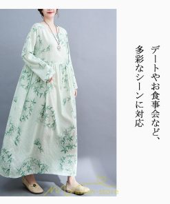 マキシ | ワンピース 大きいサイズ レディース マキシワンピ 緑 花柄 ぽっちゃり 長袖 サイドポケット かわいい きれいめ カジュアル 体型カバー 細見え 美シルエット
