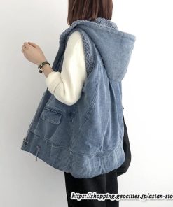 ベスト | ファーレディース 秋冬 デニムフード付き ミドル丈 両面 リバーシブル ジップアップ ファー 厚手 アウター 20代50代 大人 カワイイ 防寒 防風