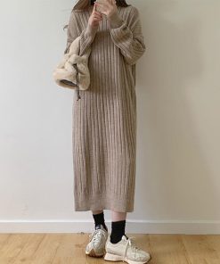 ニットワンピース | ワンピース 秋冬 太めリブニット ロングワンピース ミモレ丈 無地 フード付き 帽子 ストレッチ 大人 セーター 50代 長袖 20代30代 アウター