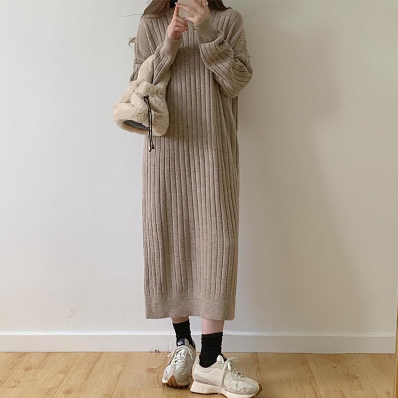 ニットワンピース | ワンピース 秋冬 太めリブニット ロングワンピース ミモレ丈 無地 フード付き 帽子 ストレッチ 大人 セーター 50代 長袖 20代30代 アウター