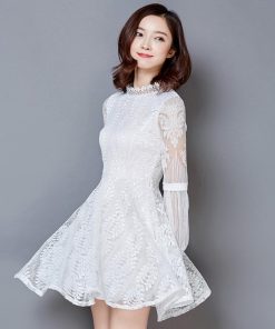ワンピース | 総レース パーティードレス スカラップ ベルト付き パフスリーブ フレアワンピ 披露宴 レディース 透け感