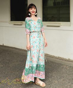 マキシ | ロングワンピース 五分袖 夏ワンピース 秋新作 Aラインワンピース マキシワンピース 花柄 プリント 旅行 ダンス ワンピース 30代40代 舞台 可愛い リボン