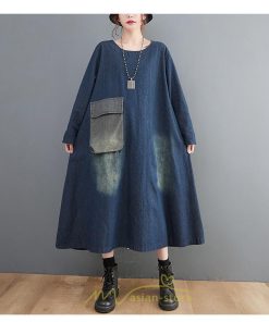 デニムワンピース | ワンピース デニム レディース 40代 ロング チュニック 長袖 ゆったり かわいい 大きいサイズ 藍 大きいポケット 体型カバー