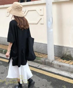 ミディアム | 夏ワンピース 切り替え ロング丈 黒白 フェイク フレア Aライン 五分袖 レイヤード風 重ね着風 Vネック 可愛い ミモレ丈 大人 20代30代40代 ゆったり