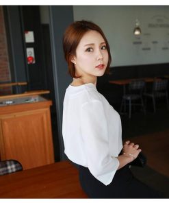 シャツ・ブラウス | シャツブラウス レディース シャツ 五分袖 Vネック 無地 トップス カットソー 可愛い 大人 30代 40代 50代 フォーマル ピンク 白 ブルー オフィス