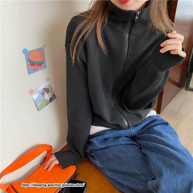 カーディガン | ニットレディース トップス リブニット ジップアップ ハイネック 羽織り 長袖 カーディガン ジャケット ライトアウター ニット セーター