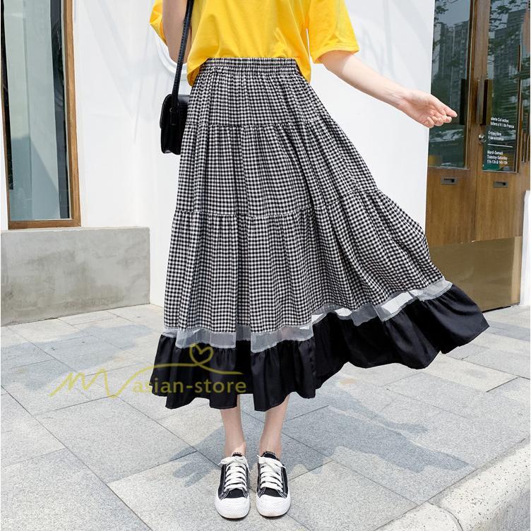 スカート | フレア ロング春物 レディース 春夏 チェック柄 ドッキング リゾート 体型カバー お出かけ 20代30代40代50代 着痩せ 通勤通学 カジュアル
