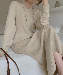 ニットワンピース | ワンピース 秋冬 リブニット ロングワンピース ミモレ丈 無地 フード付き 帽子 ストレッチ 大人 長袖 セーター 50代 20代30代 アウター 大人