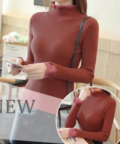 ニット・セーター | スリムフィット ニットウェア リブニット レースフリル襟 ニットソー レディース 長袖 ニットセーター ハイネック トップス