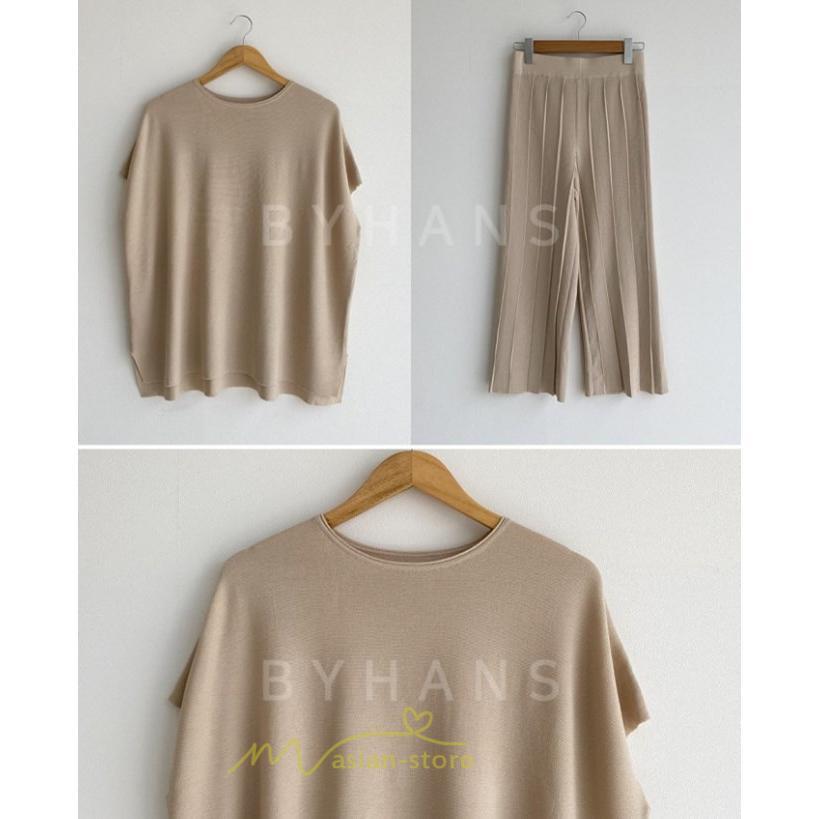 送料無料SALE | セットアップ ニット トップス パンツ ストレッチ 涼感 夏ニット 半袖 九分丈 ウエストゴム レディース 2点セット ゆったり Vネック 無地 30代40代 上品