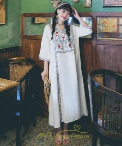 マキシ | 七分袖 ワンピース 綿麻ワンピース ロングワンピース レディース 夏秋 Aライン ゆったり 体型カバー おしゃれ きれいめ 休み 旅行 お出かけ 上品 刺繍 リゾート