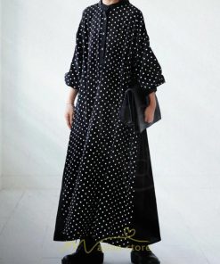 マキシ | ドットワンピース ドッキングワンピース 切替 秋 レディース ロングワンピース 長袖 Aラインワンピース 大人 可愛い ゆったり 30代ワンピース スタンドカラー