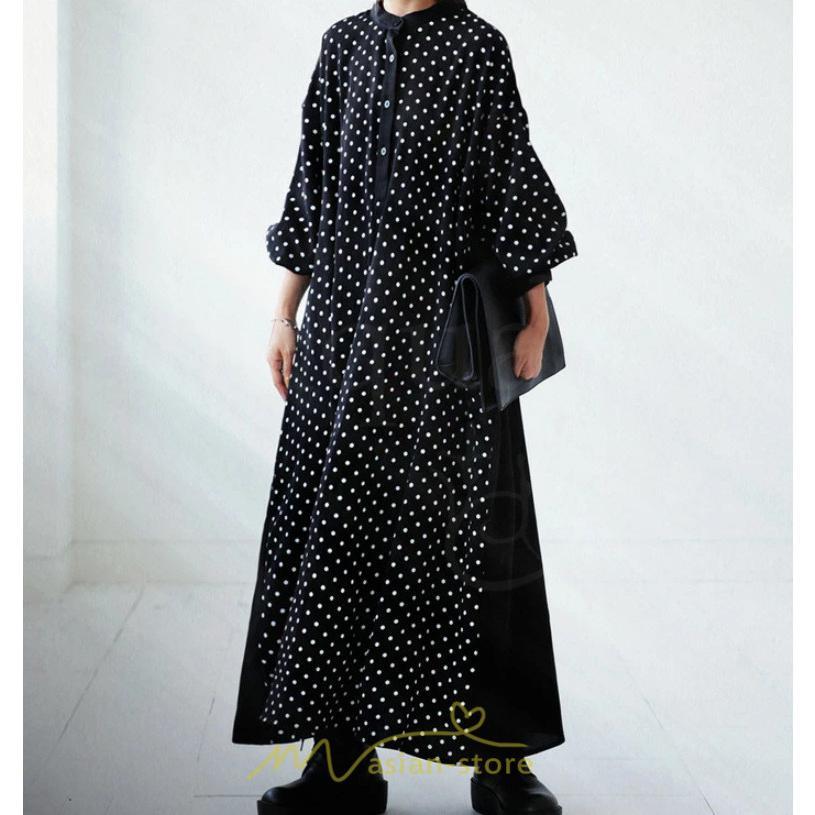 マキシ | ドットワンピース ドッキングワンピース 切替 秋 レディース ロングワンピース 長袖 Aラインワンピース 大人 可愛い ゆったり 30代ワンピース スタンドカラー
