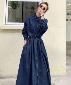 マキシ | ワンピース デニムワンピース 長袖 シャツワンピース デニムシャツ ジャケット 前開き 無地 Aラインワンピ ロングワンピ 可愛い 20代30代40代 ワンピ スリム