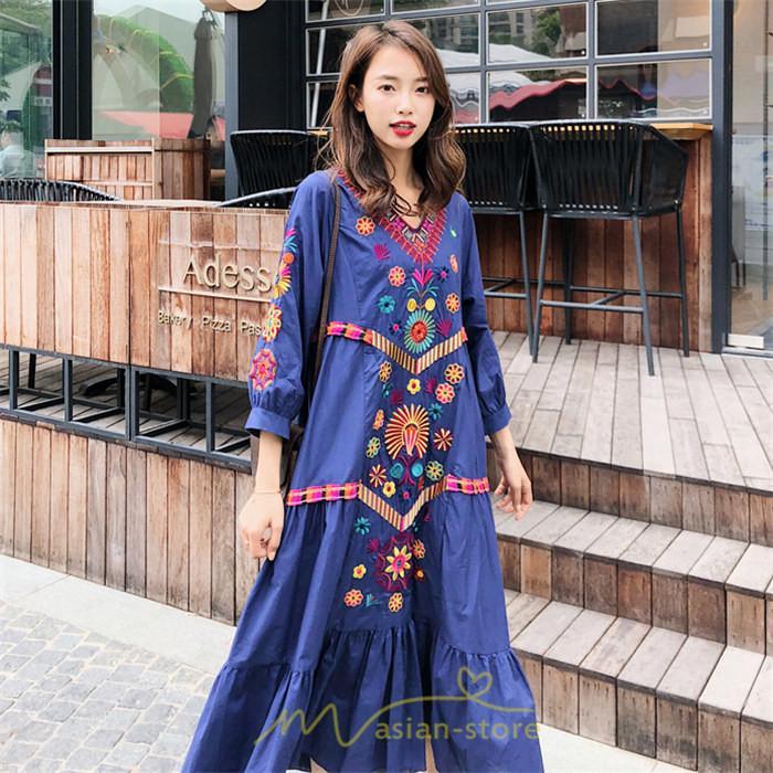 マキシ | ワンピ ワンピース ロング丈 七分袖 レディース 大人 おしゃれ きれいめ お出かけ 大人可愛い 白 青 赤 春夏秋 旅行 20代30代40代 民族風 オレンジ 海