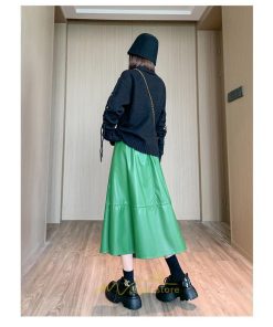 スカート | Pu秋冬 合皮ロングウエストゴム Aラインゆったり 体型カバー ハイウエスト 大人 無地 通学通勤 フレア 広い幅 可愛い