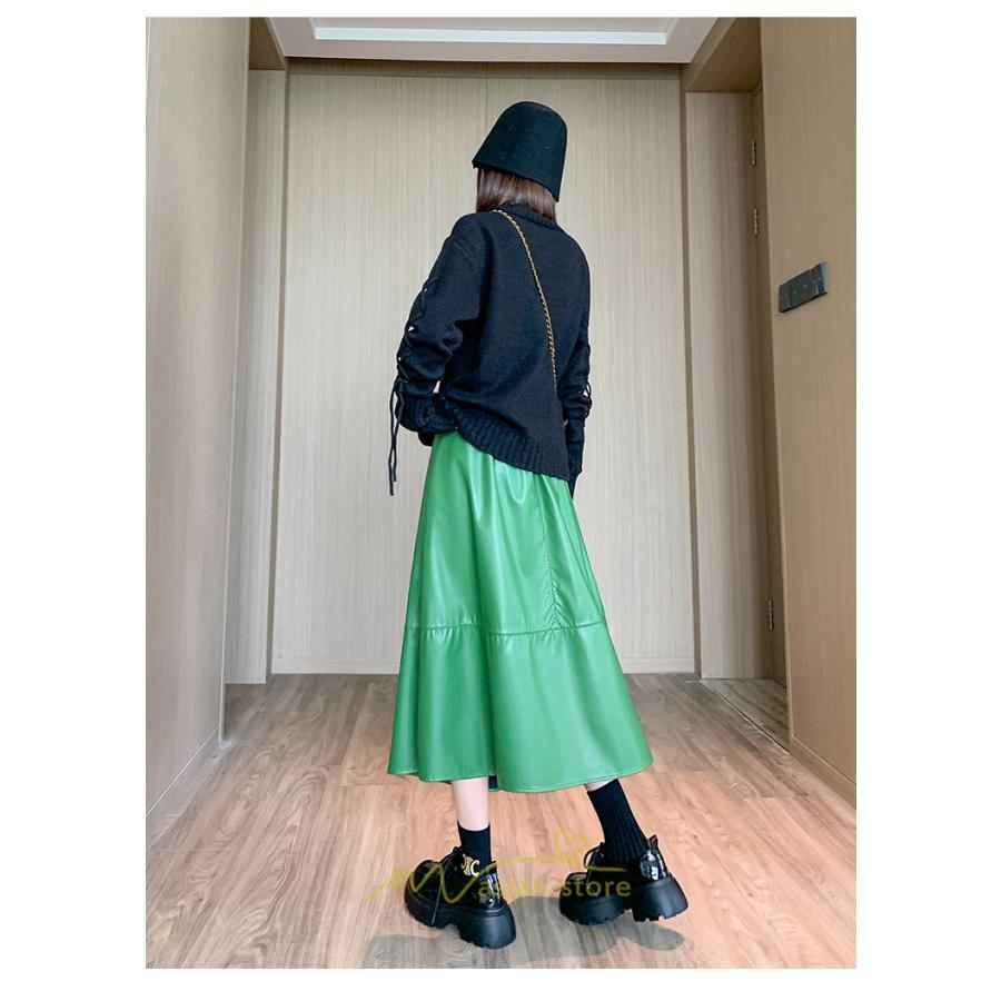 スカート | Pu秋冬 合皮ロングウエストゴム Aラインゆったり 体型カバー ハイウエスト 大人 無地 通学通勤 フレア 広い幅 可愛い