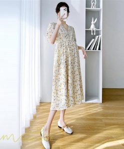ワンピース | マタニティレディース 着痩せ 小花柄 Vネック マタニティ Aライン 夏新作 ひざ丈 韓国風 半袖 カジュアル 妊婦服 マタニティウェア
