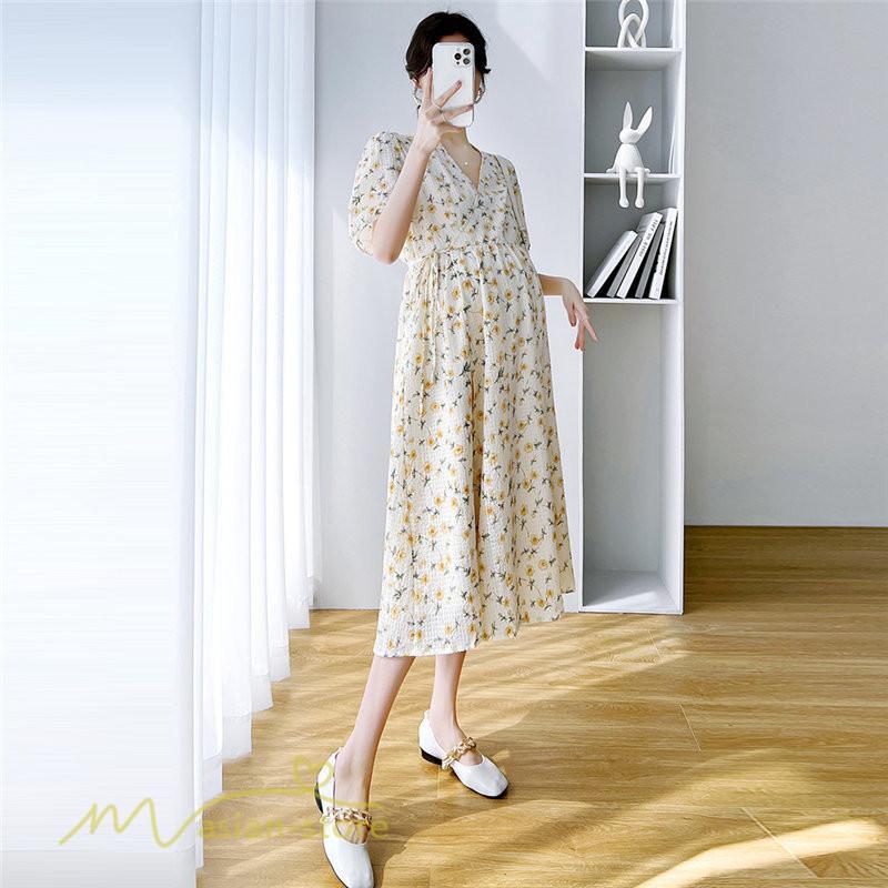 ワンピース | マタニティレディース 着痩せ 小花柄 Vネック マタニティ Aライン 夏新作 ひざ丈 韓国風 半袖 カジュアル 妊婦服 マタニティウェア