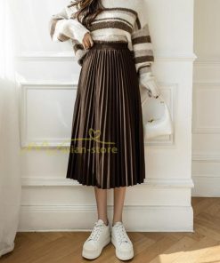 スカート | プリーツロングミモレ丈 Aラインウエストゴム ハイウエスト 秋冬 無地 ゆったり 大人 通学通勤 プリーツ エレガント