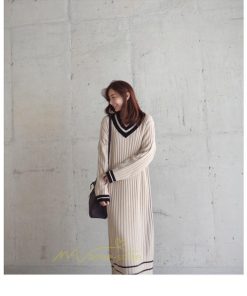 在庫ある | 短納期ロングニットワンピース ロングワンピ カットソー 長袖 トップス Vネック ゆったりセーターニット 体型カバー OL ストレートニットワンピ 通学通勤