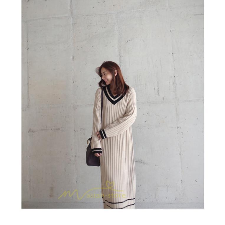 在庫ある | 短納期ロングニットワンピース ロングワンピ カットソー 長袖 トップス Vネック ゆったりセーターニット 体型カバー OL ストレートニットワンピ 通学通勤