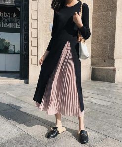 マキシ | 秋服 レディース ワンピース 長袖 秋冬 ロングワンピース ミモレ丈 切り替え フェイク レイヤード 重ね着風 可愛い プリーツスカート 大人 コーデ Aライン