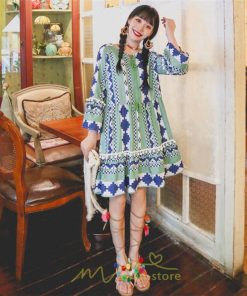 ミニ丈 | ワンピース 夏秋 レディース 長袖 綿麻 ひざ上 ショート かわいい リゾート 休み 旅行 お出かけ 華やか 着痩せ ゆったり 幾何学柄 エスニック風 Vネック 民族風