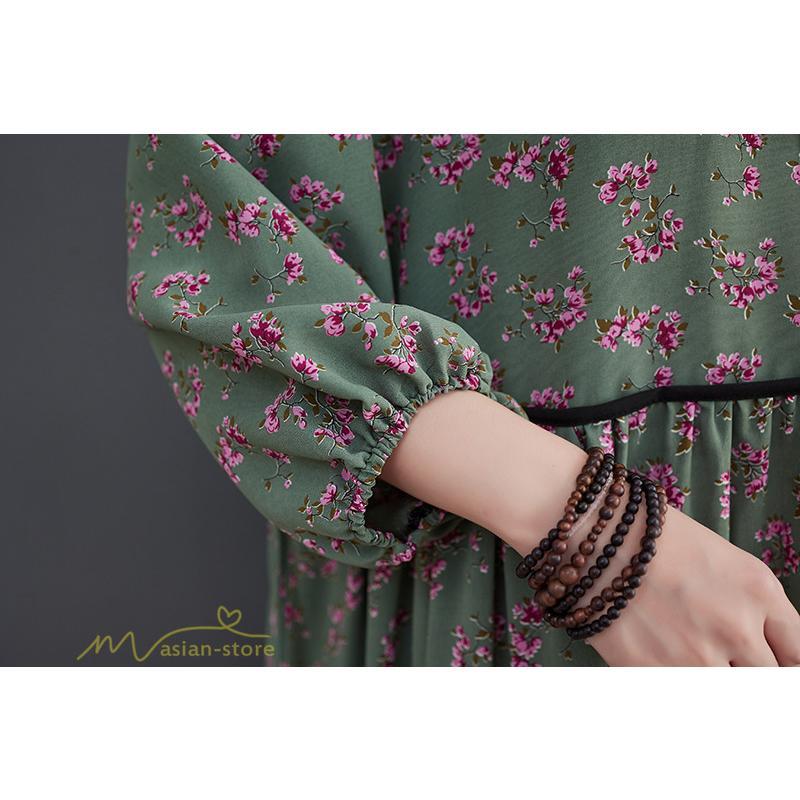 マキシ | ワンピース レディース Vネック 7分袖 秋 ロングワンピース フリーサイズ 花柄 40代 50代 大人 レトロ風 ゆるワンピース カジュアル 秋コーデ 30代 大人 20代