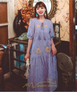 マキシ | ロングワンピース 夏秋 レディース 五分袖 普段着 同窓会 細見せ ハイウエスト コットン レース Aライン 白 紫 刺繍 Vネック キャンプ 旅行 上品 鎖骨 華奢魅せ