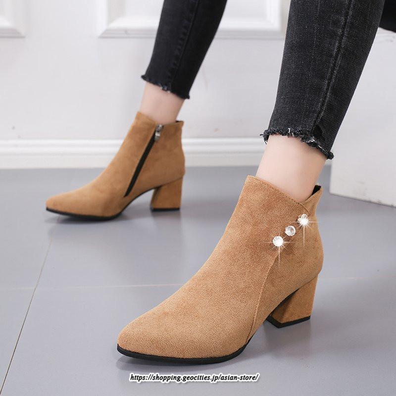 ブーツ | ショートブーティ レディース スエード調 太めヒール 靴 人工水晶 キラキラ オシャレ お出かけ デート キレイめ 通勤 20代30代40代50代