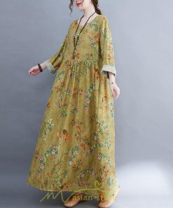 マキシ | ワンピース 大きいサイズ レディース  楽ちん 美人 コットン 夏 秋 新作 ぽっちゃり ゆったり 長袖 お腹 太もも 華奢 花柄 丸首 ポケット 黄色 美脚 着痩せ 通勤