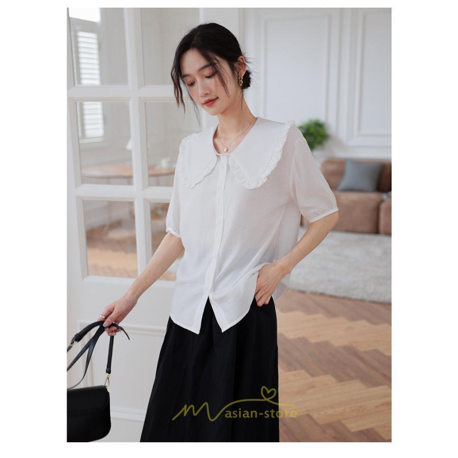 シャツ・ブラウス | ブラウス シフォン トップス レディース 白 紫 夏ブラウス シフォンブラウス 半袖 オフィス 春夏 クルーネック お出かけ 着痩せ 華奢見え フリル