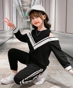 （子供）その他 | Tシャツ 長袖 肩開き おしゃれ 洋服 長ズボン オフショルダー 運動着 可愛い 女の子 子供服 セットアップ ジュニア キッズ?