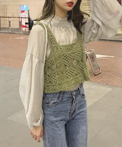 透かし編みトップス | タンクトップ スクエアネック ビスチェ