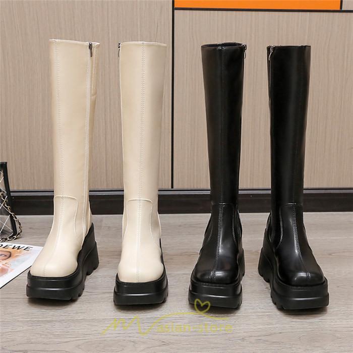 ロングブーツ | レディース ブーツ 厚底 歩きやすい 痛くない 定番 カジュアル 人気ブーツ ファスナー 黒 ブラック シンプル 美脚 おしゃれ 白 オフホワイト