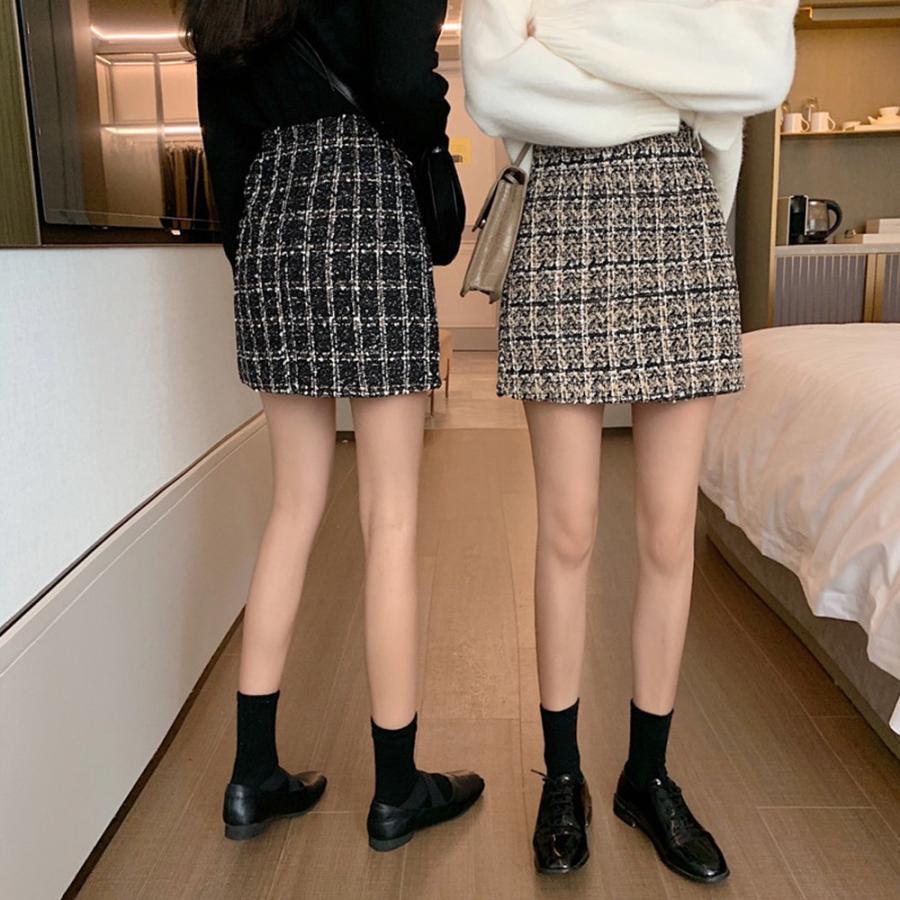 ひざ丈スカート | タイトスカート ハイウエスト チェック柄 レディース 台形スカート スカート ミニスカート ツイード