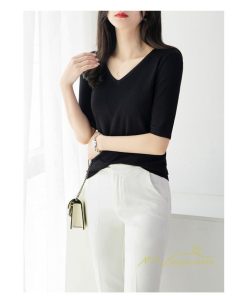 ｔシャツ・カットソー | サマーニット レディース Vネック トップス ニット 半袖 春服 春物 ニットチュニック 無地 きれいめ 春夏 黒 リブ 夏ニット 白 5分袖 涼し気
