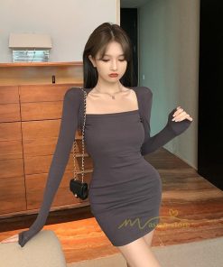 ミニ丈 | ニットワンピース ショート丈 レディース セクシー 長袖タイトワンピ 着やせ おしゃれ パーティードレス ファッション ミニワンピ スクエアネック ストレッチ