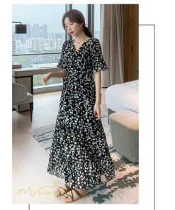 マキシ | ワンピース レディース マキシワンピース 小花柄 Vネック 半袖 5分袖 サマーワンピース シフォン Aラインワンピース 春 エレガント 夏 ウエストゴム ロング丈