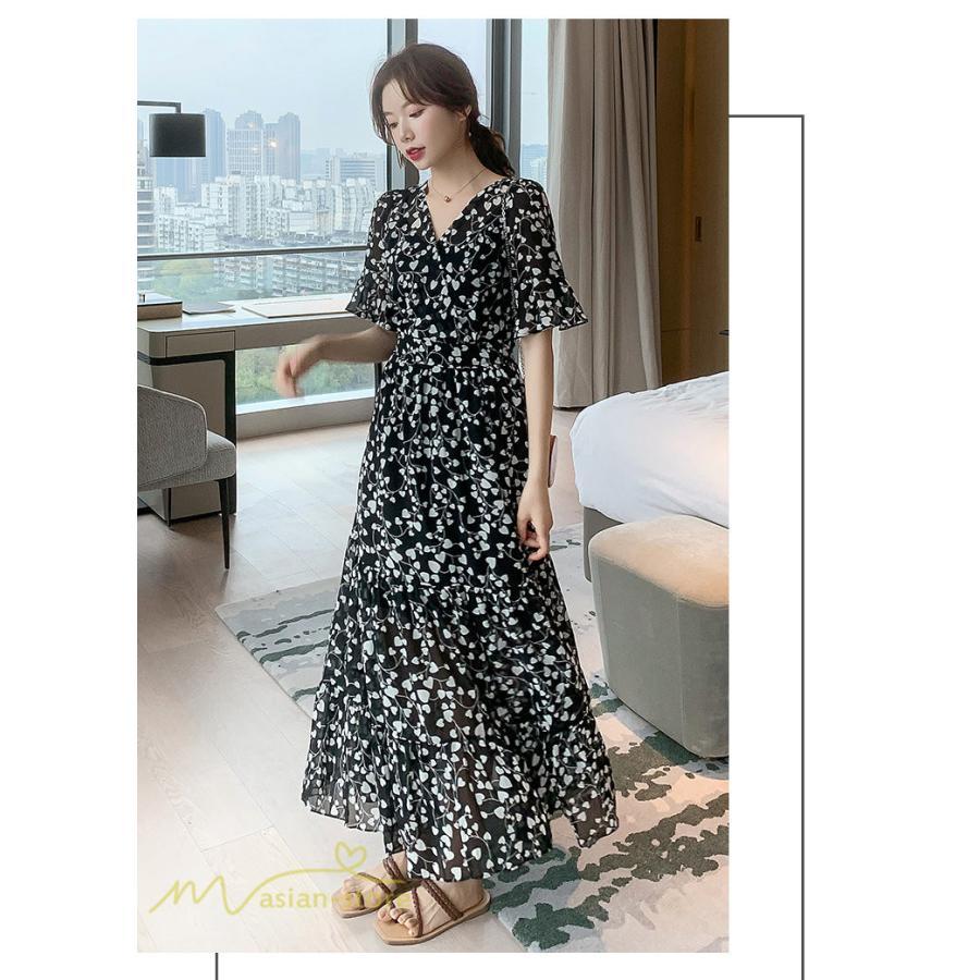 マキシ | ワンピース レディース マキシワンピース 小花柄 Vネック 半袖 5分袖 サマーワンピース シフォン Aラインワンピース 春 エレガント 夏 ウエストゴム ロング丈