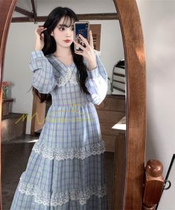 マキシ | チェック柄ワンピース 秋 レディース Aラインワンピース 長袖ワンピ キャザー 切り替え レース かわいい 大人 お呼ばれ 腰美ライン 通学通勤 30代 着痩せ