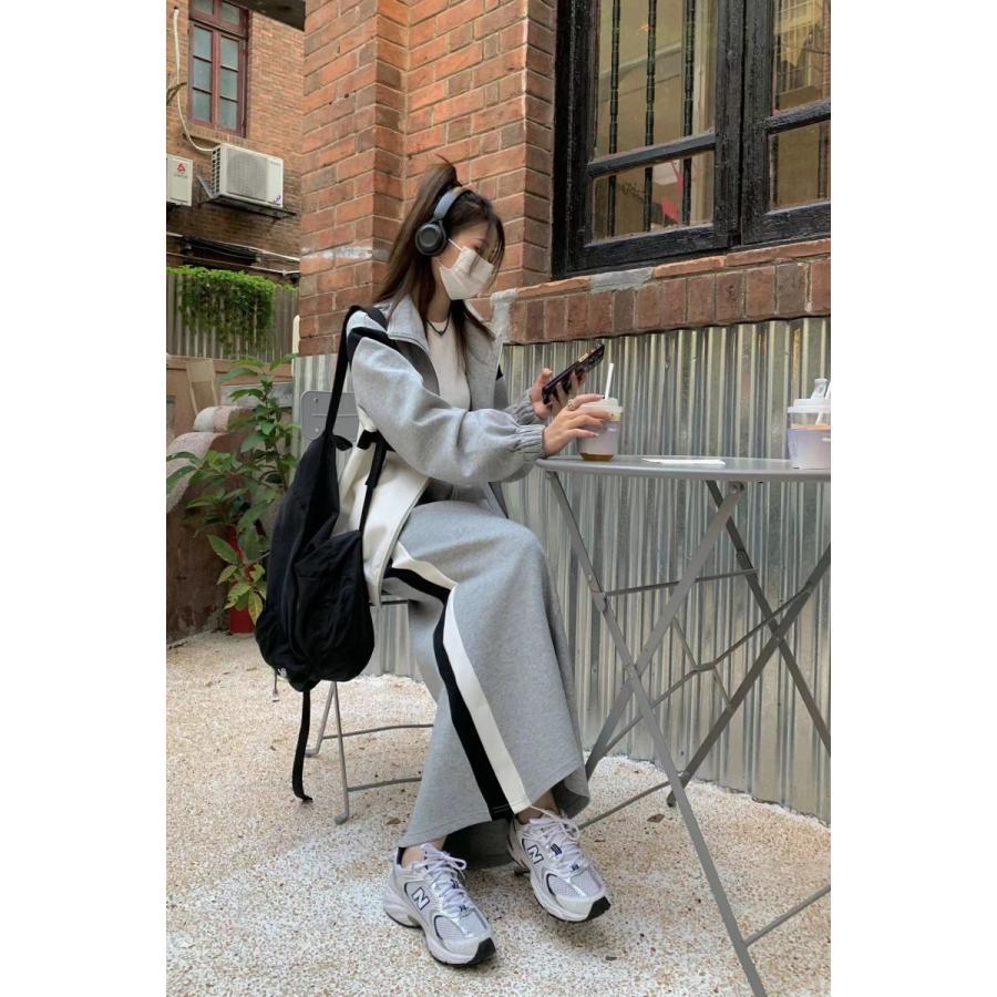 スカート | スウェット秋冬 レディース ドッキング ロングジャケット パーカー スウェット アウター 無地 ボトムズ 運動 ウエストゴム ジップアップ