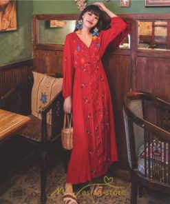 マキシ | ワンピース レディース ロングワンピース ロング丈 マキシ丈 綿麻 長袖 Vネック 花柄 体型カバー ゆったり ゆるっとワンピース リネン 夏 シンプル 秋 かわいい