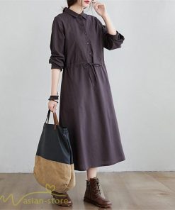 ワンピース | 長袖綿麻Aラインレディース ロングミモレ丈 無地 シャツカワイイ 大人 ワンピ